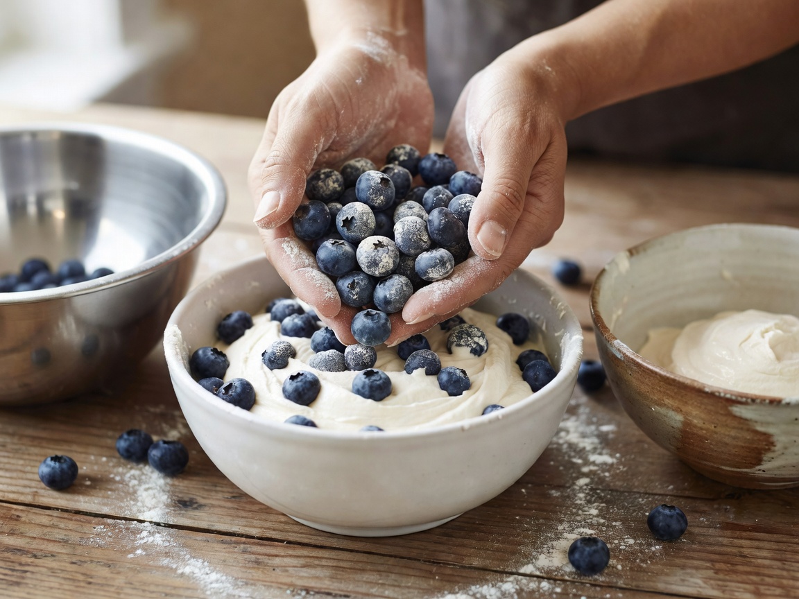 Kädet kääntävät jauhotettuja mustikoita varovasti muffinitaikinaan kolmessa erillisessä kulhossa