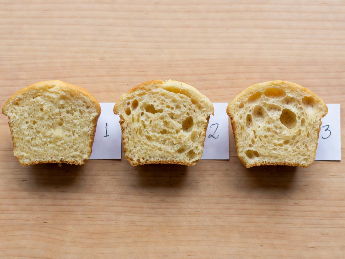 Kolmen eri erän halkaistut muffinit rinnakkain leikkuulaudalla, jokaisen vieressä käsin kirjoitettu numerolappu